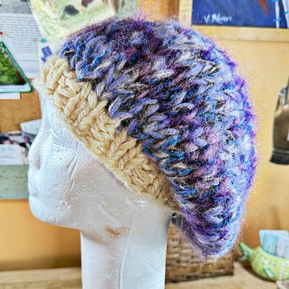 Hand Knit Hat Womens Partridge Studio NC Slouchy Chunky Beret Blues Ivory Tan - Picture 2 of 9